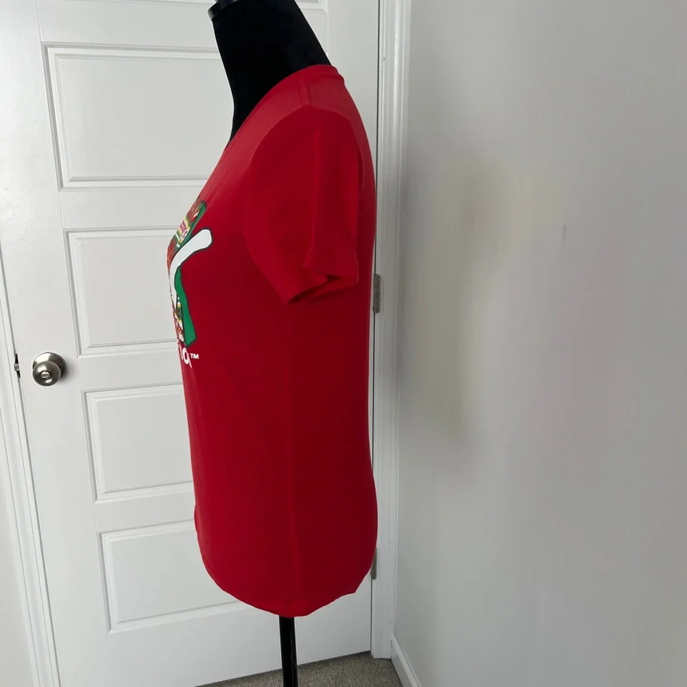 MTV Bold Red Christmas themed Logo Tee poinsettias and chevron Size S - Picture 4 of 8